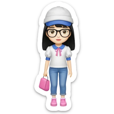 A yellow-skinned girl with medium-long straight black hair, flat bangs, black frame glasses, a white puffy sleeve doll shirt, blue jeans and pink shoes, and a black painter's hat. sticker