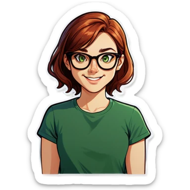 A green eyed Auburn haired none with glasses, smiling. And the caption saying no  sticker