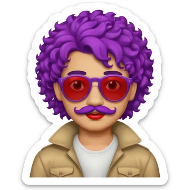purple haired, curly big haired mexican boy with red sunglassess, vrey cool and lipstick and mstache sticker