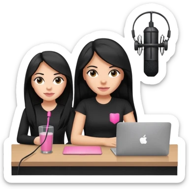 tanned long black hair woman, sat at desk with pink MacBook, podcast microphone black top and pink, sexy, glass table sticker