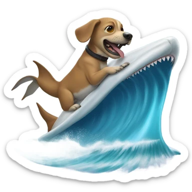 A dog riding a shark on a big wave sticker