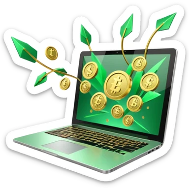 3D laptop icon with gold coins flying out of screen, green color (#0B3D2C), gold accents (#C9B037), upward arrows, glossy modern style, transparent background sticker
