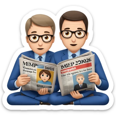 Gérard Larchet et yael braun pivet qui sont assis à genoux et qui lisent un seul et même grand journal et qui semblent émerveillés sur le journal on peut voir marque MEP 2026 au,milieu d’un article  sticker