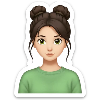 a girl with long dark brown hair with high disheveled bun in light green sweater, a slight smile, brown eyes sticker
