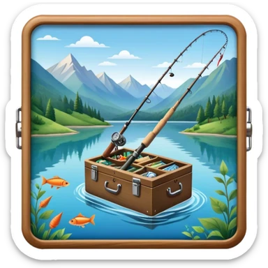 Icon for Fishing Travel: a fishing rod, tackle box and a boat on a calm lake surrounded by mountains and lush greenery, with fish jumping out of the water. The icon should capture the peaceful and adventurous nature of fishing trips. Transparent background. sticker