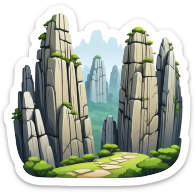 Kunming Stone Forest karst landscape Yunnan, simplified emoji style with bold outlines and bright colors, cartoon style tall rock formations sticker