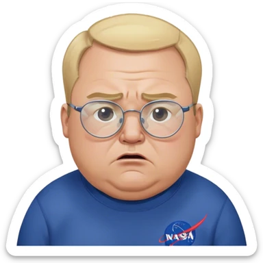 angry fat man, crying like a kid,  blond short and hight receding hairline, wearing a dark blue sweatshirt, nasa logo on the sweatshirt, round glasses without frame, 40 years old sticker