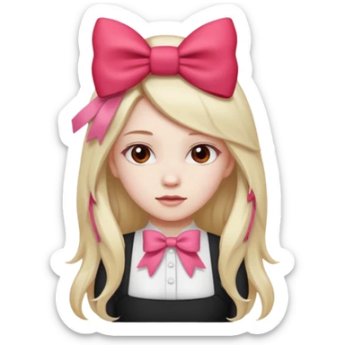 girl with long hair with side parted pale skin red pink bow in her hair and wearing a white basic top sticker