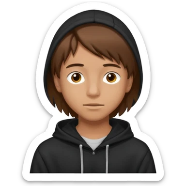 A teenage boy with brown straight hair and brown eyes and has a black hoodie and a tanned skin sticker