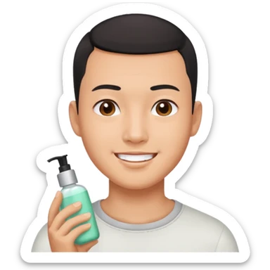 try different skincare products for chinese man with buzz cut (short black hair) doing skincare sticker