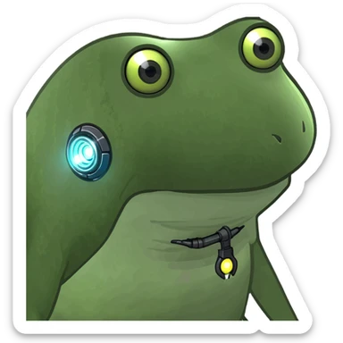 bufo robot with glowing eyes, robotic frog with LED eyes, green and silver colors, friendly look sticker