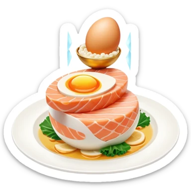 Floating plate with ethereal icons of golden egg, salmon fillet, bright chicken breast, and translucent tofu block, all orbiting a central double helix symbol, with soft light expanding towards a glowing muscular figure sticker
