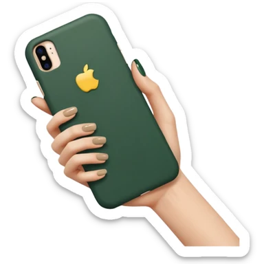 female hand with nude manicure (5 fingers) holding iPhone in dark green case, side angled view, minimalism, emoji style sticker