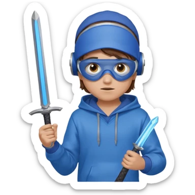 a boy with brown hair, a blue vr headset. a blue hoodie and a blue sword and show the hair sticker