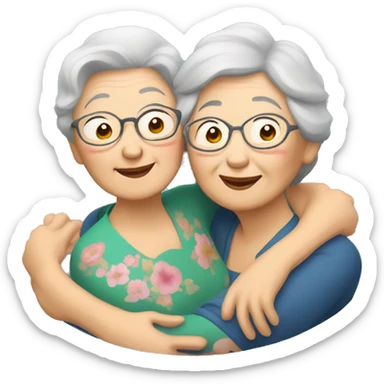 two asian grandma hugging each other, using the IOS grandma emoji sticker