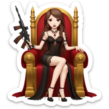 Lilith female red eyes symbol. Tattoo arms. Her hair is brown straight long hair.wearing sexy long  lace dress with slit. black stiletto platform high heels shoes on. Sitting on gold throne with rubies sniper rifle in one hand cash in other hand sticker