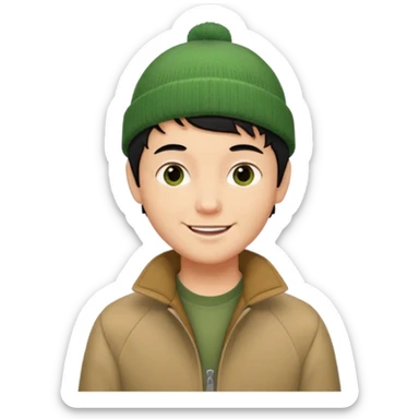 young man with longish pixie cut black hair, tan complexion, green beenie hat, tan jacket, pork chop sideburns sticker