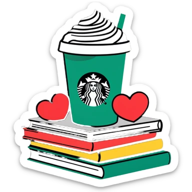 Starbucks, pile of books,hearts sticker