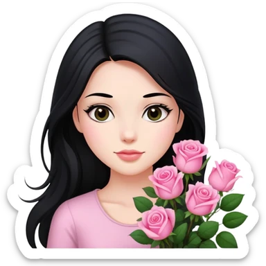 A beautiful girl with long black hair holding a bouquet of pink roses sticker