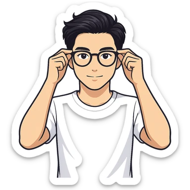 Change to a different, stylish hairstyle for a young and handsome Asian man with black coffee colored hair, wearing a white T-shirt, black framed glasses, holding glasses, very smart. Keep the cartoonish sticker style look but use the general editor as sticker style does not support editing. Remove background. sticker