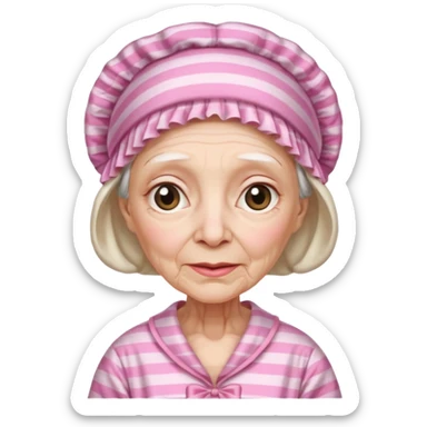sick old woman with pink striped night gown, pink night bonnet on her head sticker