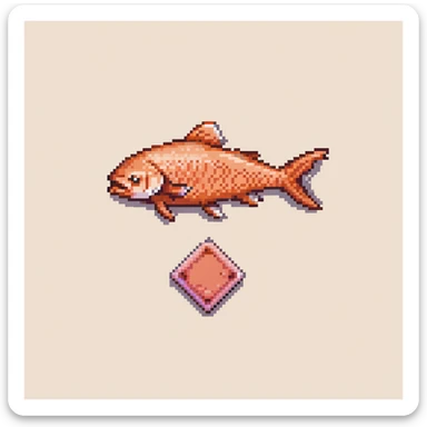 Minecraft salmon fish item texture, eye pointing down-left at 45-degree angle, orange-pink color, simple square texture, pixel art style sticker