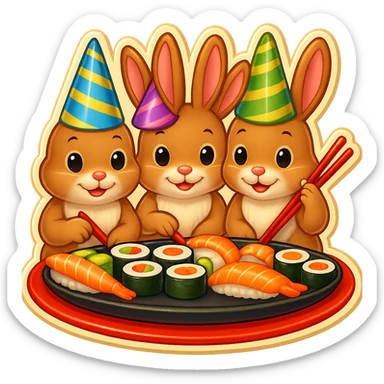 Add a fourth bunny so there are four bunnies together, all clearly visible, eating sushi at a birthday party, vibrant, festive emoji style, preserve the background transparency. sticker