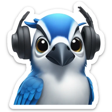blue jay listening to music on headphones with a happy face sticker