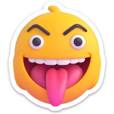 Make the expression even wilder with one eye bulging, tongue out, wild zigzag mouth, playful and zany, front facing, transparent background in 3D emoji style. sticker