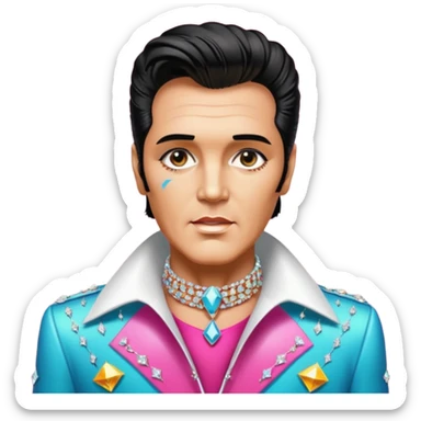 synthwave aesthetic brilliant divine lighting, oil paint  -  An aging Elvis Presley in a glamorous costume with a collar encrusted with diamonds sticker