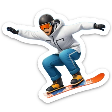 An icon showing a snowboarder performing an exciting jump on a snow-covered slope. The background features towering mountains, snow-covered trees, and a bright, clear sky. Transparent background highlights the speed, agility, and thrill of snowboarding. sticker