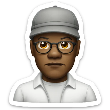 bald samuel l jackson serious wearing shirt and backwards Kangol sticker