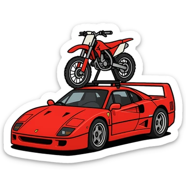 A cartoonish Ferrari F40 with a 125cc dirt bike on a visible roof rack, dirt bike to proper scale, transparent background sticker