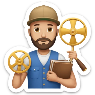 Strong bald man with beard and snapback, giant Instagram reel icon, stack of golden documents, trophy, minimal emoji sticker