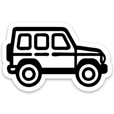 Make this Mercedes G-Class emoji much simpler and more cartoonish in the style of the green car emoji reference. Use bold black outlines, basic shapes, minimal details, flat colors, rounded windows, and a side view. The car body should be black color. sticker