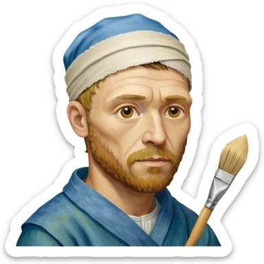 van gogh paints on a canvas. right ear is bandaged. sticker