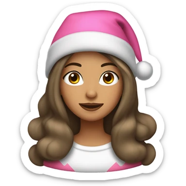 light medium skinned pretty woman with long black hair and almond brown eyes with pink christmas hat sticker