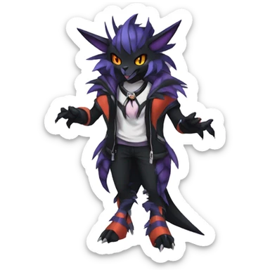 Cool Anthro Black Noivern-Absol-Litten-Pokémon with edgy stripes hoodie spiked collar punk Full Body sticker