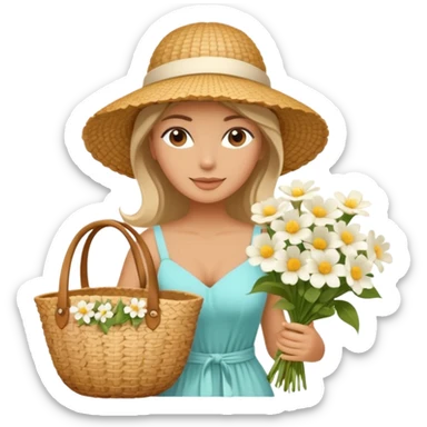 summer beautiful wicker hat, beach beige bag and bouquet of white flowers sticker