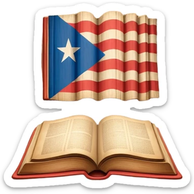 Ancient book with Puerto Rican flag subtly integrated on cover, carved wooden theater curtains symbol, warm vintage textures, soft glow representing timelessness and theatrical design heritage sticker