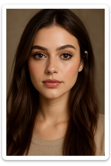 portrait of a pretty girl with long brown hair, brown eyes, full lashes, nude lip liner, highlighter, blush, lip gloss, natural makeup look sticker