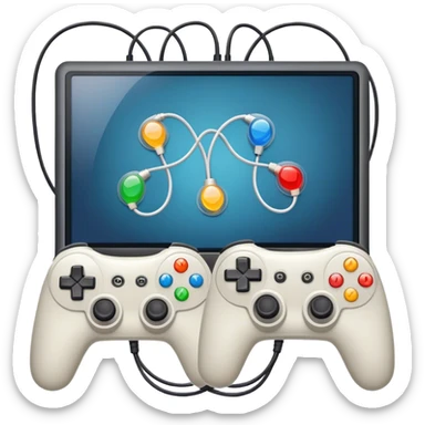 An icon showing two monitors with gaming interfaces, connected by a wire. Each monitor displays a different game screen, with two gamepads placed nearby, symbolizing multiplayer gameplay. transparent background. sticker