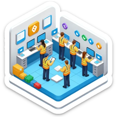 isometric, image of employee services, case management, crew operations integrating together as processes and systems sticker