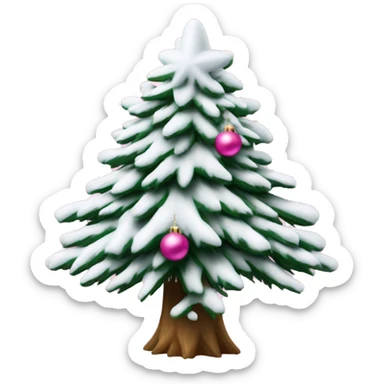 Snow covered pine Christmas tree with pink ornaments and snowflake star sticker