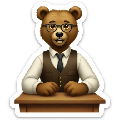 bear wearing glasses sitting in front of old school desk with suspenders sticker