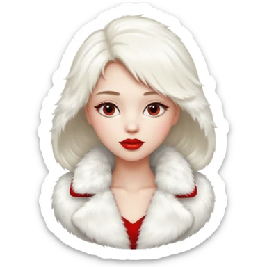 A beautiful, cute girl with red lipstick on her lips in a white fur coat,  in full view sticker