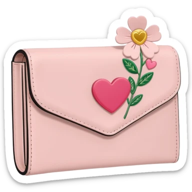 Pale Pink cute Wallet with heart charm, credit cards inside and flowers growing embroidered on it, clean aesthetic, letter R charm on it sticker