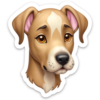 Cinematic Cute Fawn Great Dane Portrait Emoji, Head tilted playfully and inquisitively, showcasing a glossy fawn Fur with a subtle luster, round, sparkling amber eyes filled with curiosity, Simplified yet irresistibly adorable features, highly detailed, glowing with a warm, friendly glow, high shine, affectionate and gentle, stylized with a touch of whimsy, bright and endearing, soft glowing outline, capturing the essence of a mischievous yet loving pup, so playful it feels like it could lumber out of the screen and into your arms! sticker