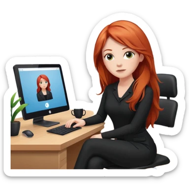Video call therapy session: red-haired therapist with long hair wearing black minimalist clothing, seated in a professional home office, looking at the webcam; calm, modern teletherapy setting sticker