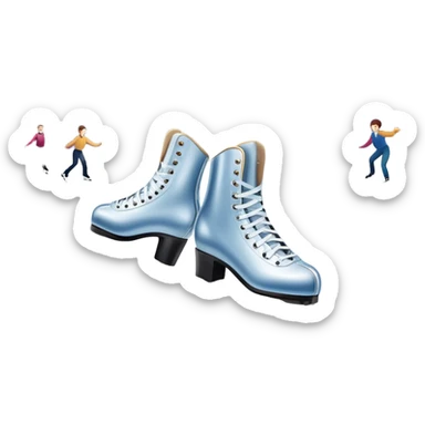 An icon showing elegant figure skates in close-up on a glossy ice surface, with a graceful skater performing in the background. The scene is set inside a grand indoor ice arena with spotlights, decorative banners, and a cheering audience. Transparent background. sticker